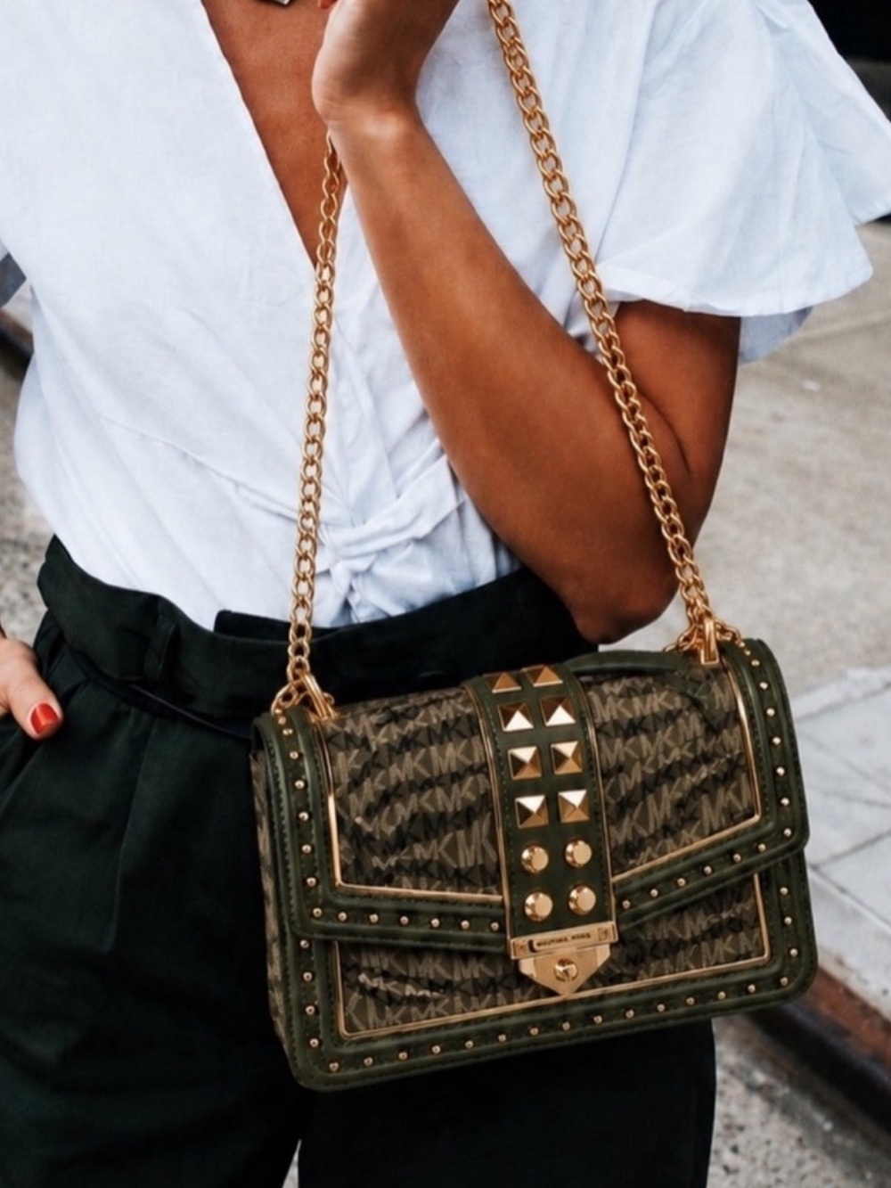 Michael  KORS Soho Studded Animal Print Frameout Gold Chain Olive Crossbody